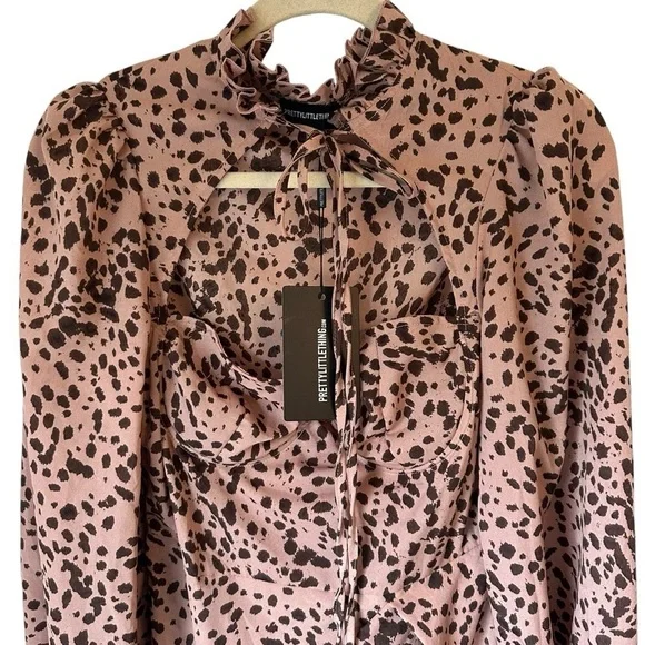 DUSTY PINK DALMATIAN TIE NECK PUFF SLEEVE WRAP SKIRT BODYCON DRESS SIZE MEDIUM - Picture 4 of 11